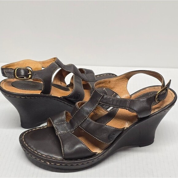 Born Wedged Sandals In Brown Leather 8 - Picture 1 of 8